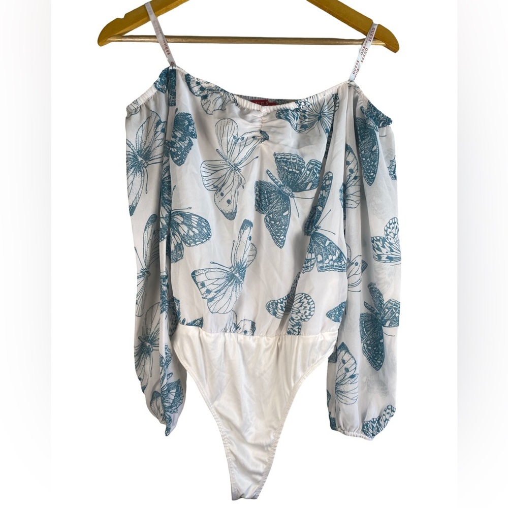GUESS White Teal Butterfly‎ Off Shoulder Bodysuit Blouse | Size